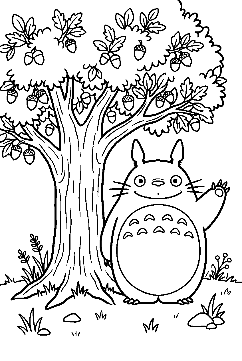 totoro beside acorn tree line art