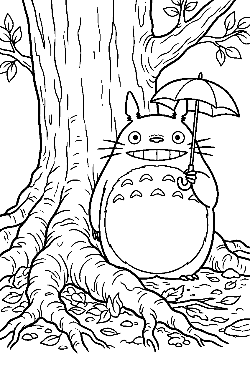 totoro beside giant tree roots line art
