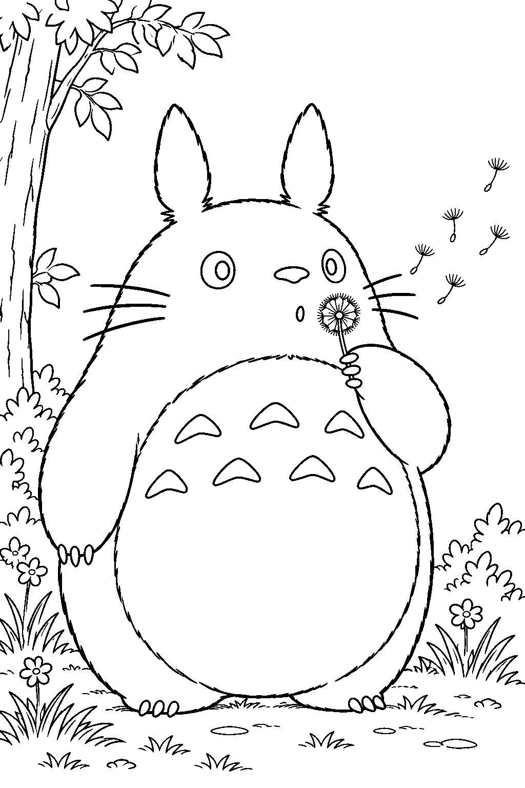 totoro blowing seeds from a dandelion at the forest edge line art