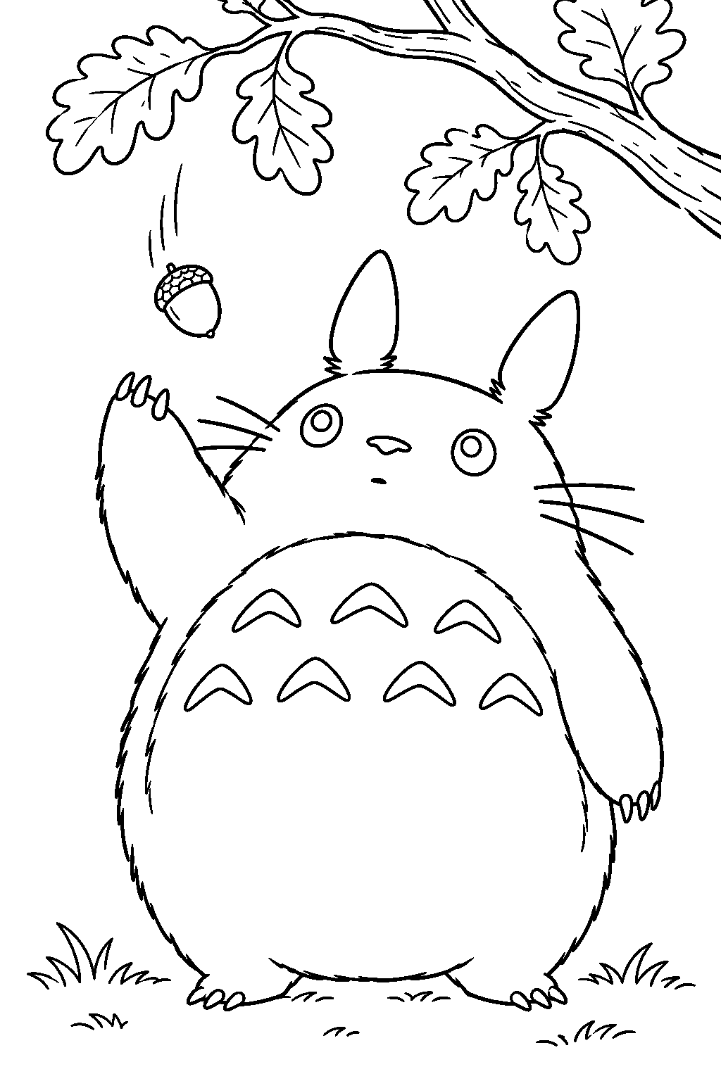 totoro catching a falling acorn beneath spreading oak branches line art
