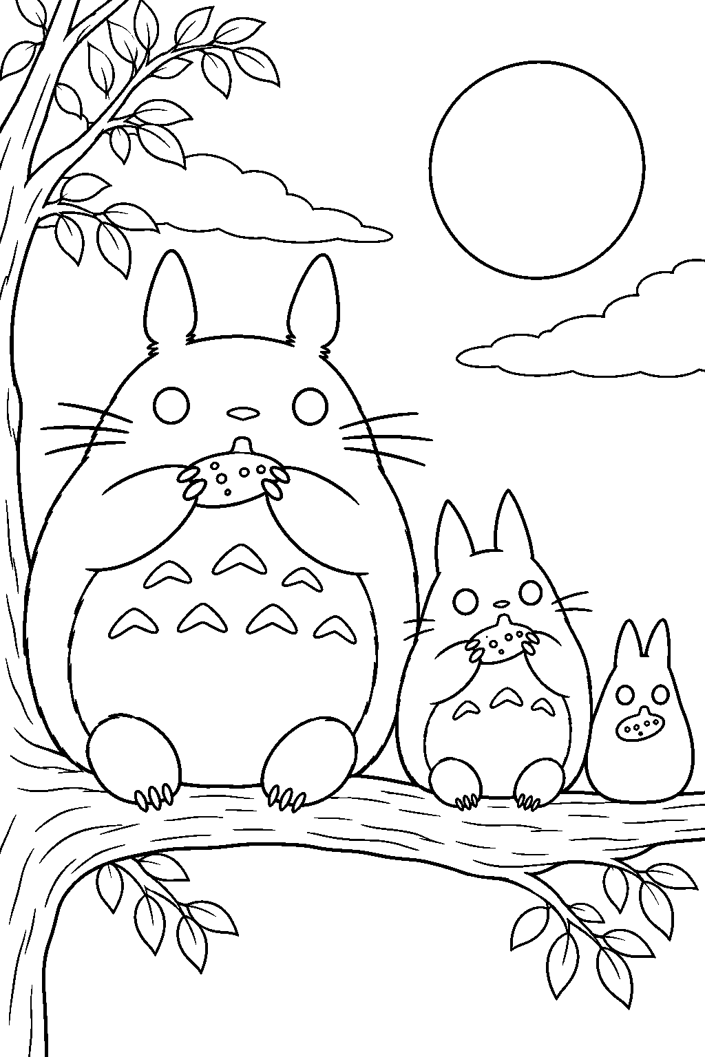 totoro chu totoro and chibi totoro playing ocarinas on a moonlit tree branch line art