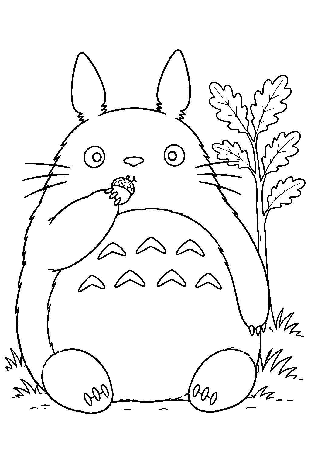 totoro eating an acorn beside a young oak tree line art