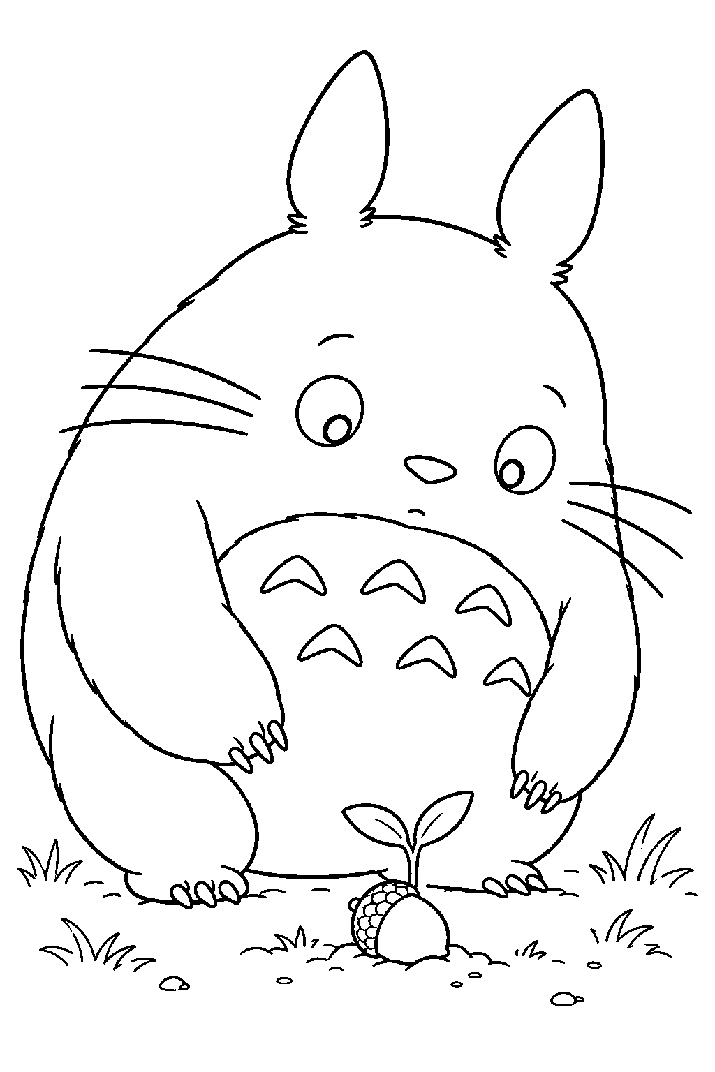 totoro examining a tiny sprout emerging from an acorn line art