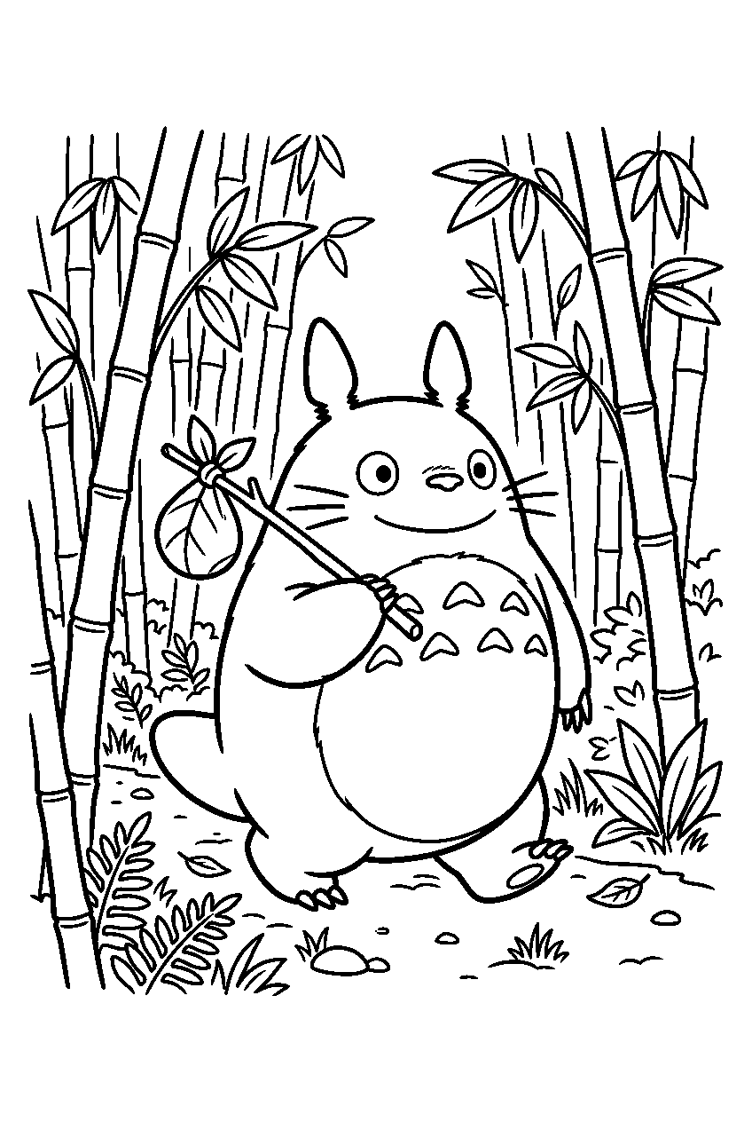 totoro exploring in bamboo grove line art