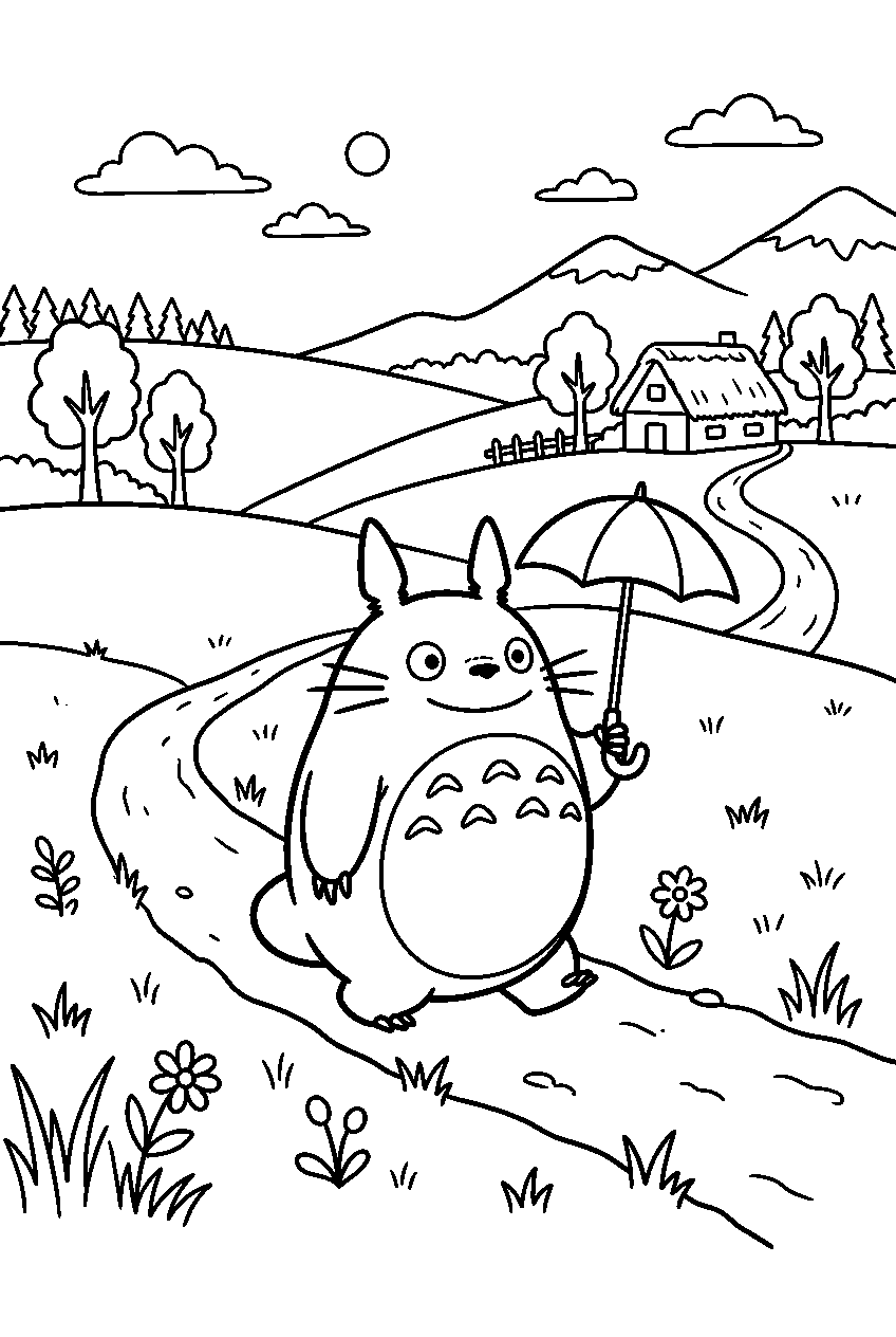 totoro exploring in countryside field line art