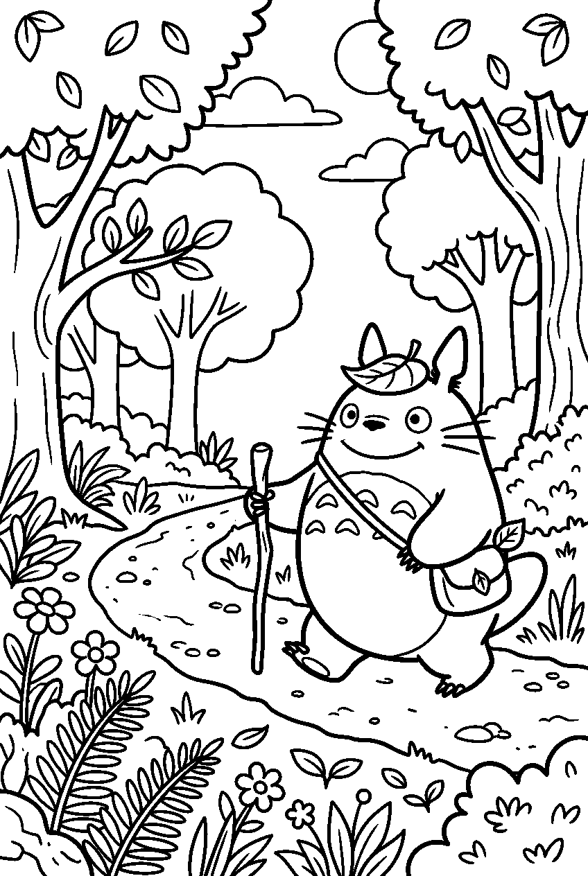 totoro exploring in nature trail line art
