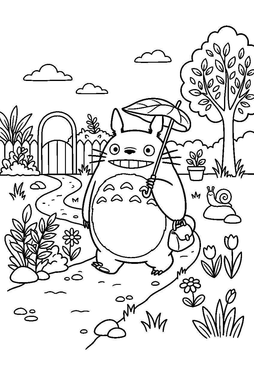 totoro exploring in peaceful garden line art