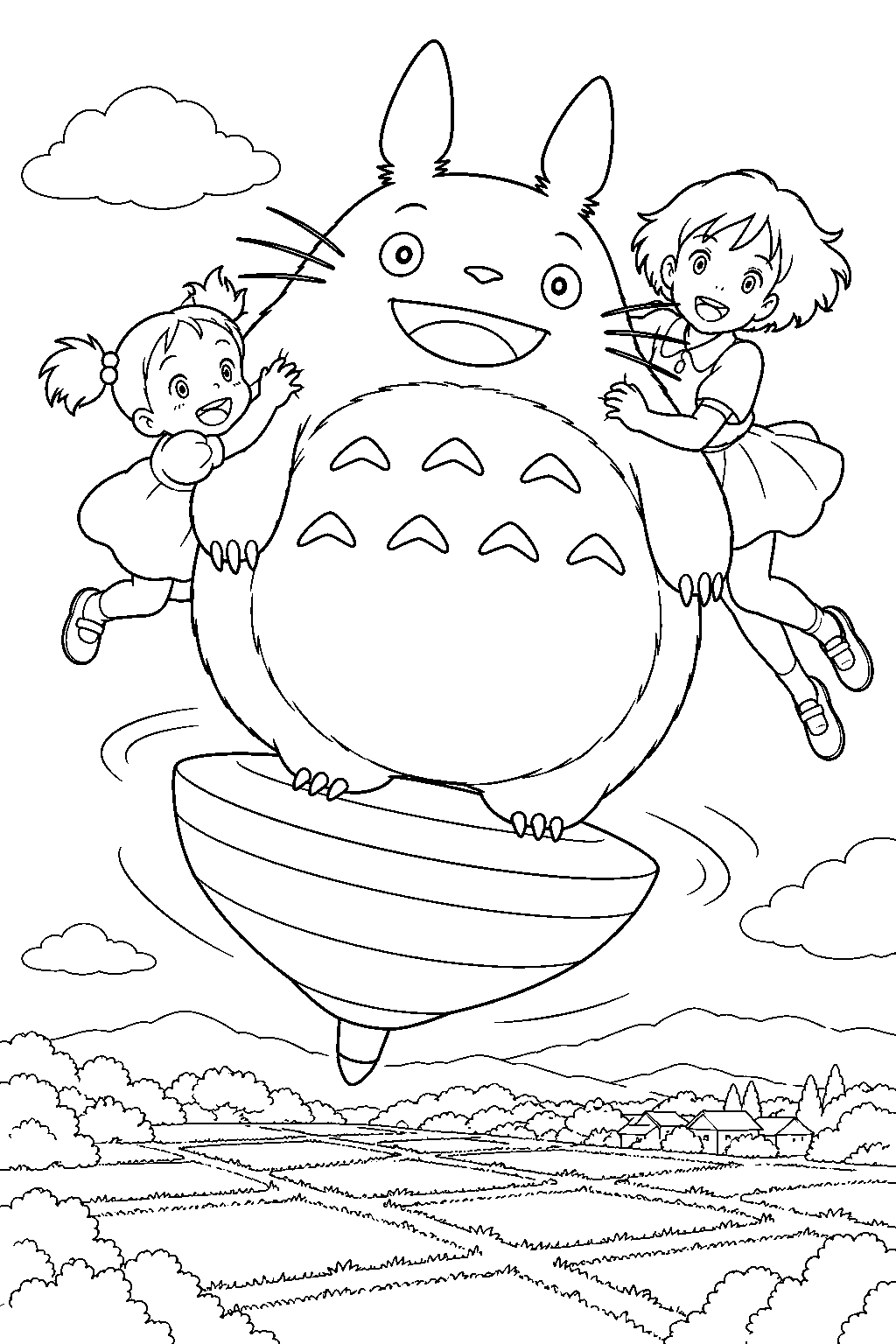 totoro flying on a spinning top with mei and satsuki above rice fields line art