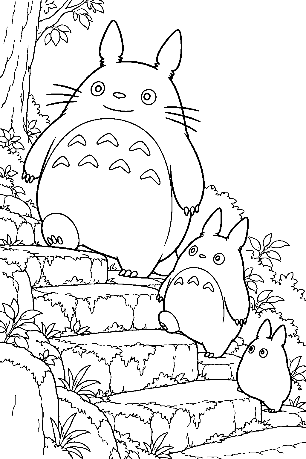 totoro guiding chu totoro and chibi totoro up mossy forest steps line art