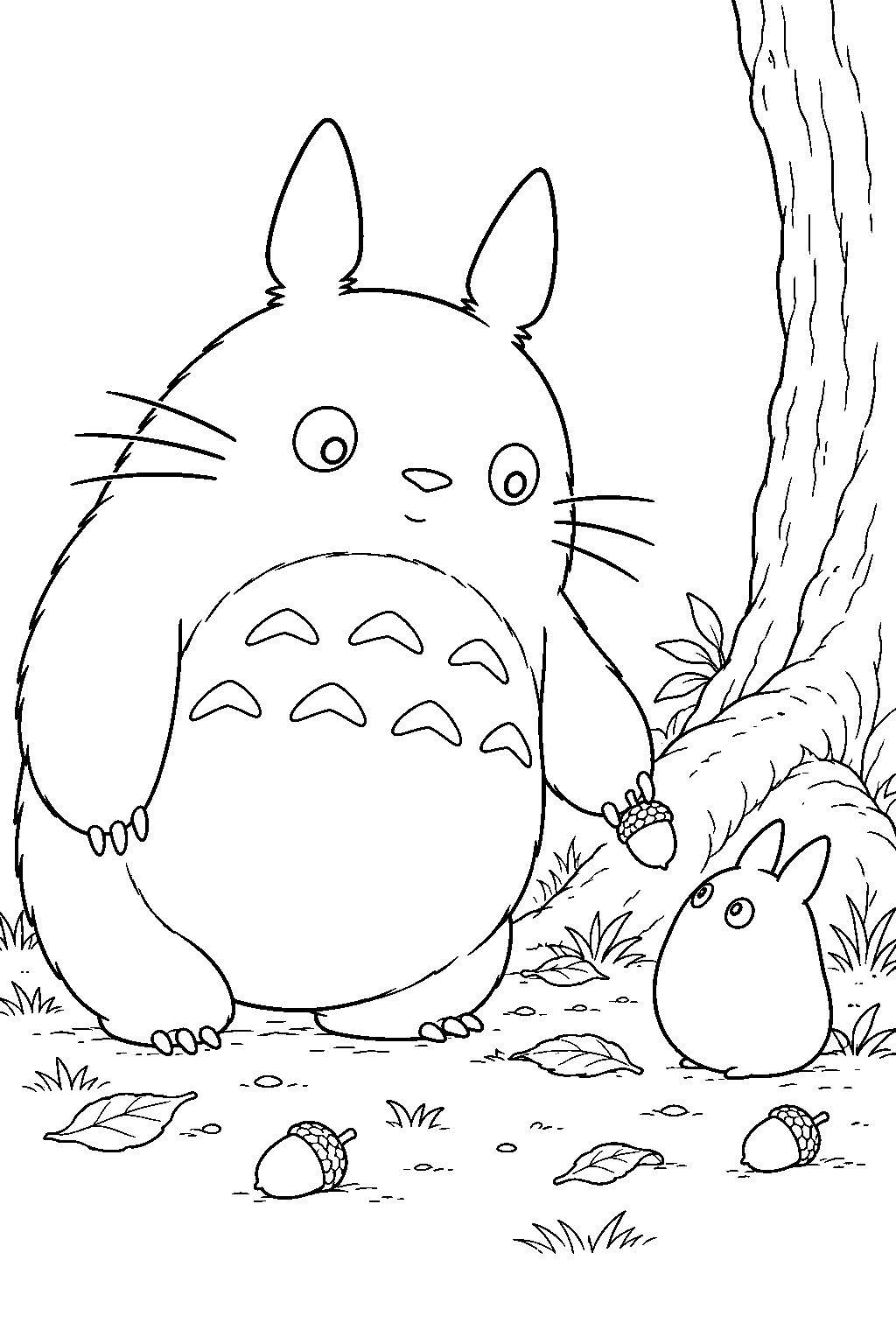 totoro handing a fallen acorn to chibi totoro beside a tree root line art