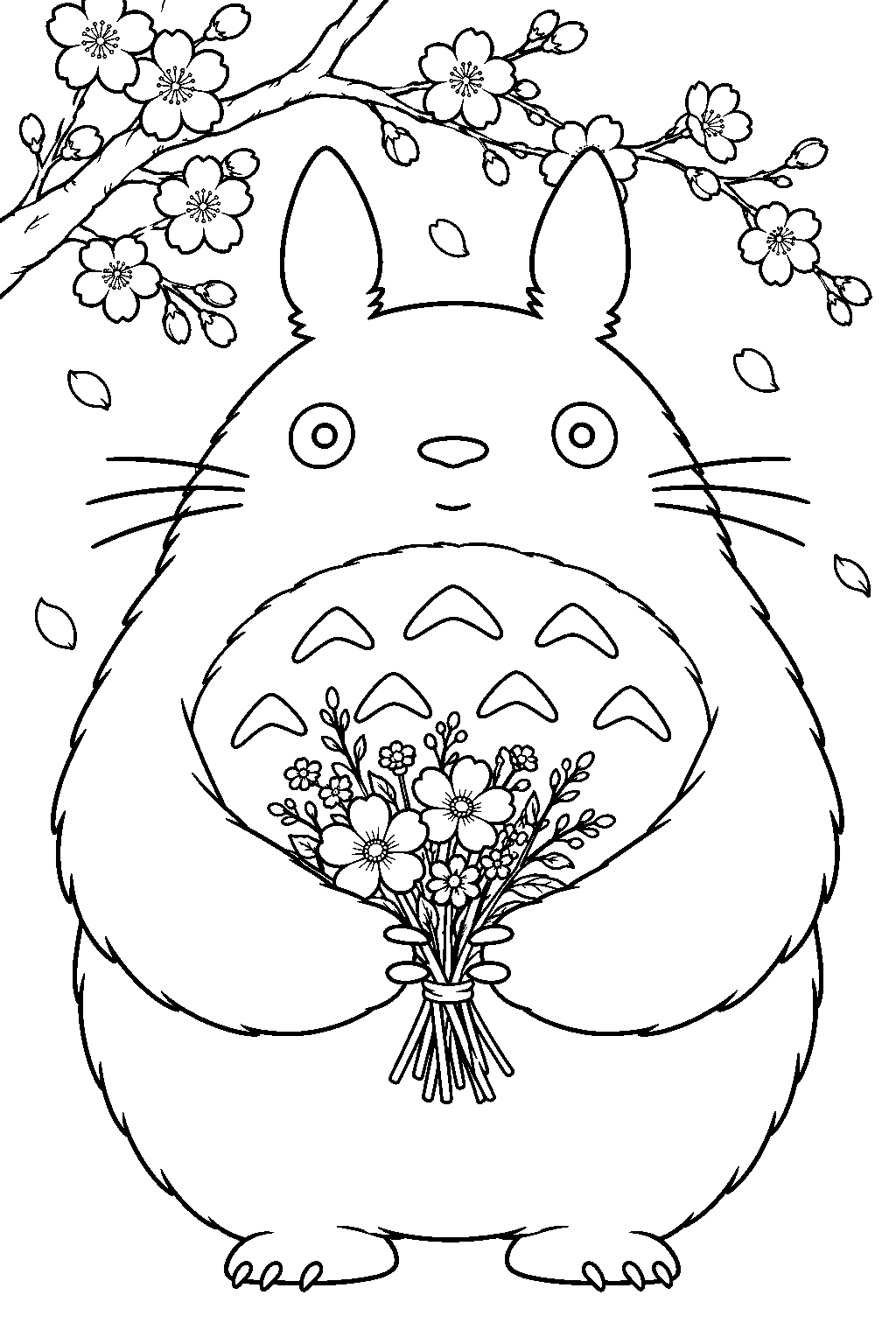 totoro holding a wildflower bouquet beneath cherry blossom branches line art