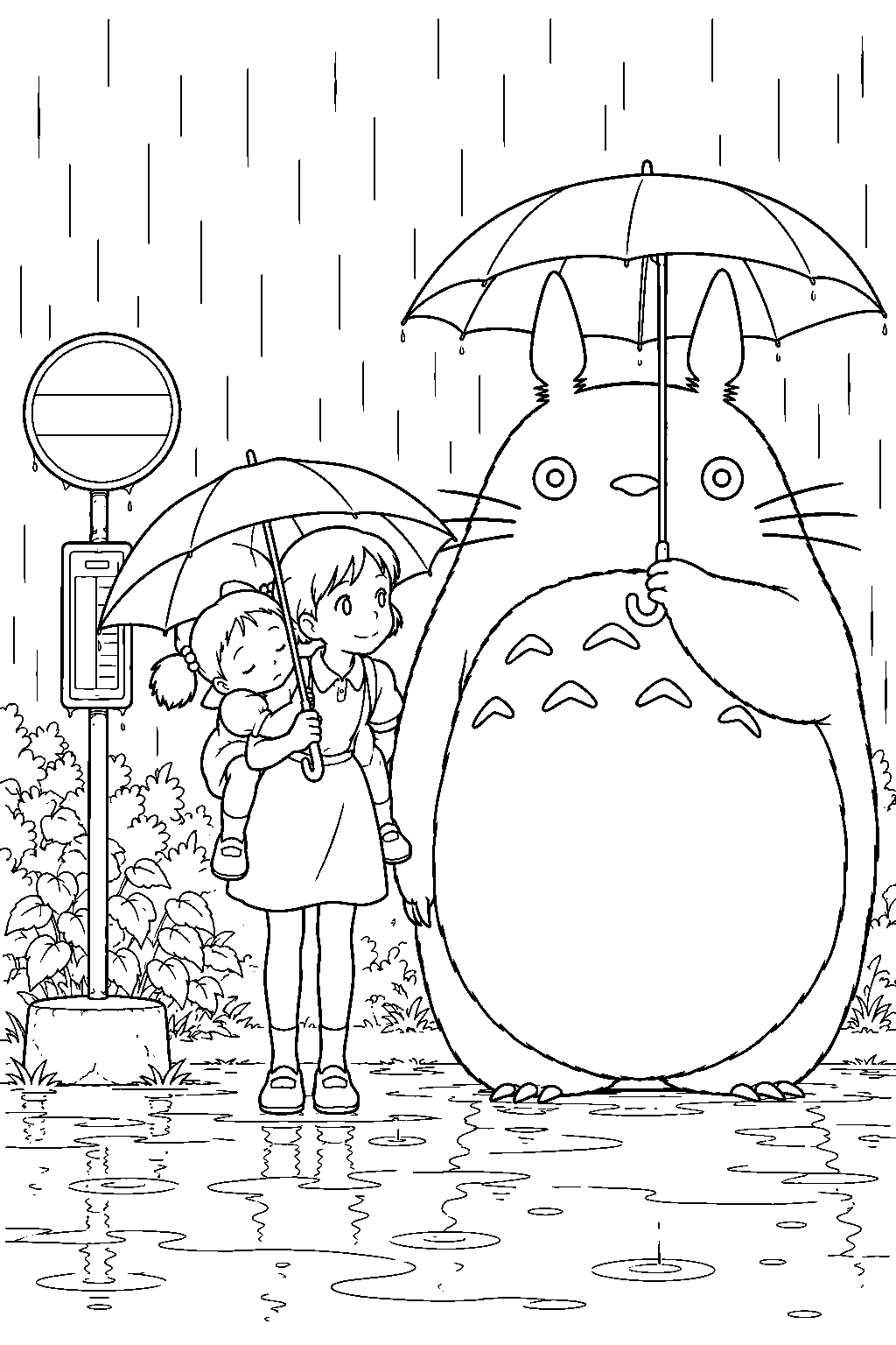 totoro holding an umbrella beside satsuki carrying mei at the rainy bus stop line art