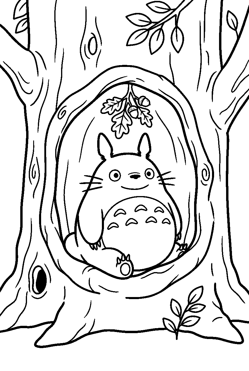 totoro inside hollow tree line art