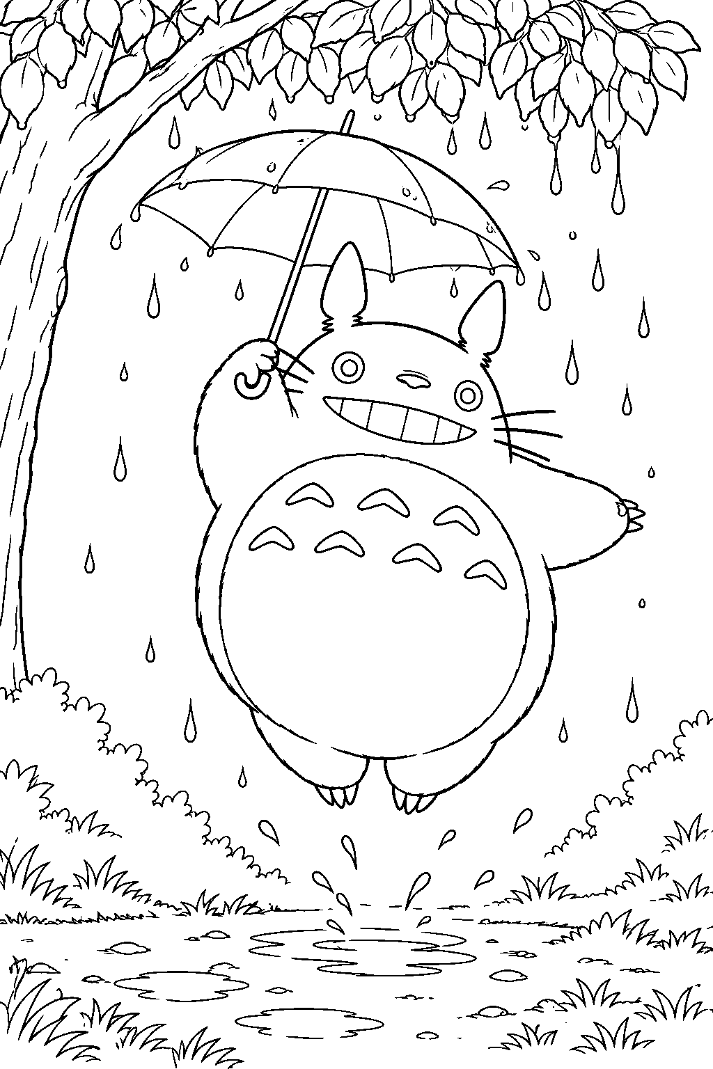totoro jumping beneath his umbrella to shake raindrops from the trees line art