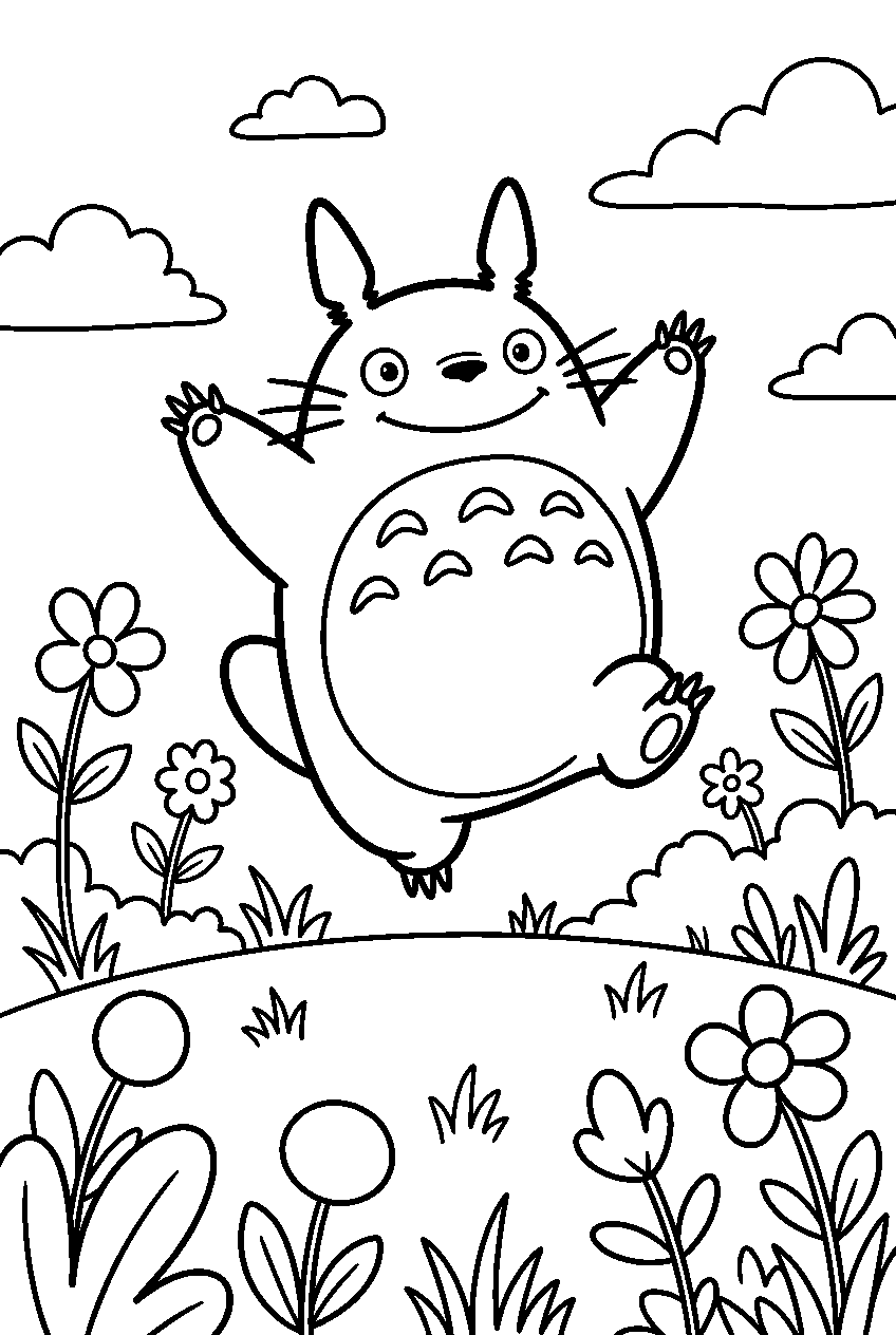 totoro jumping in flower meadow line art