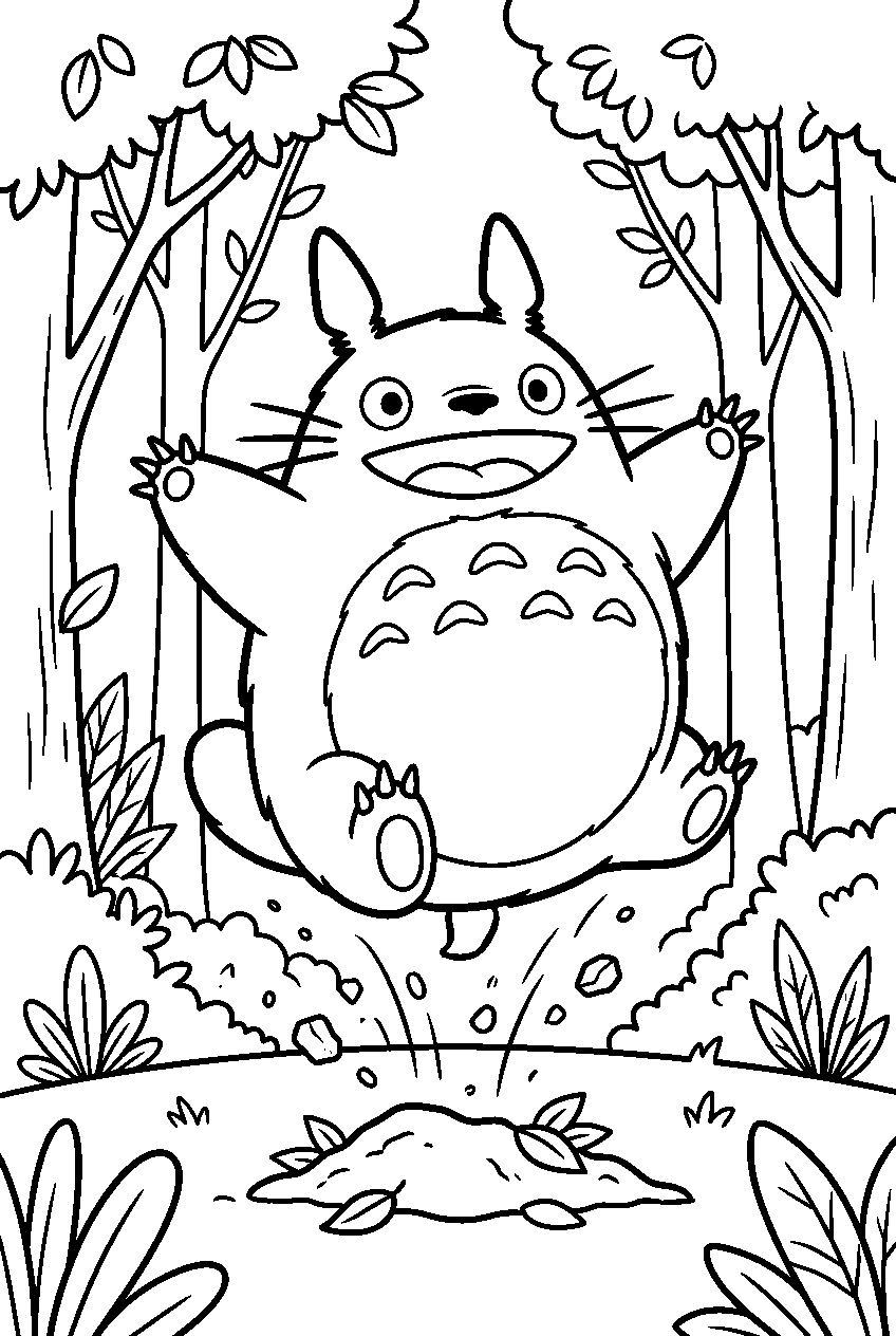 totoro jumping in forest clearing line art