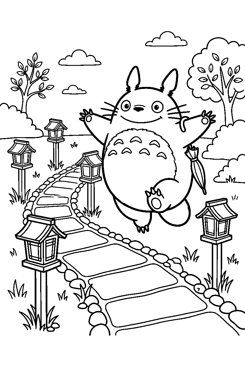 totoro jumping near lantern path line art