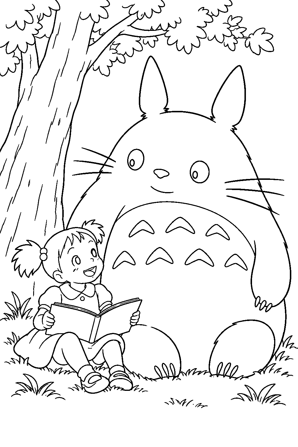 totoro listening to mei read a storybook beneath a tree line art