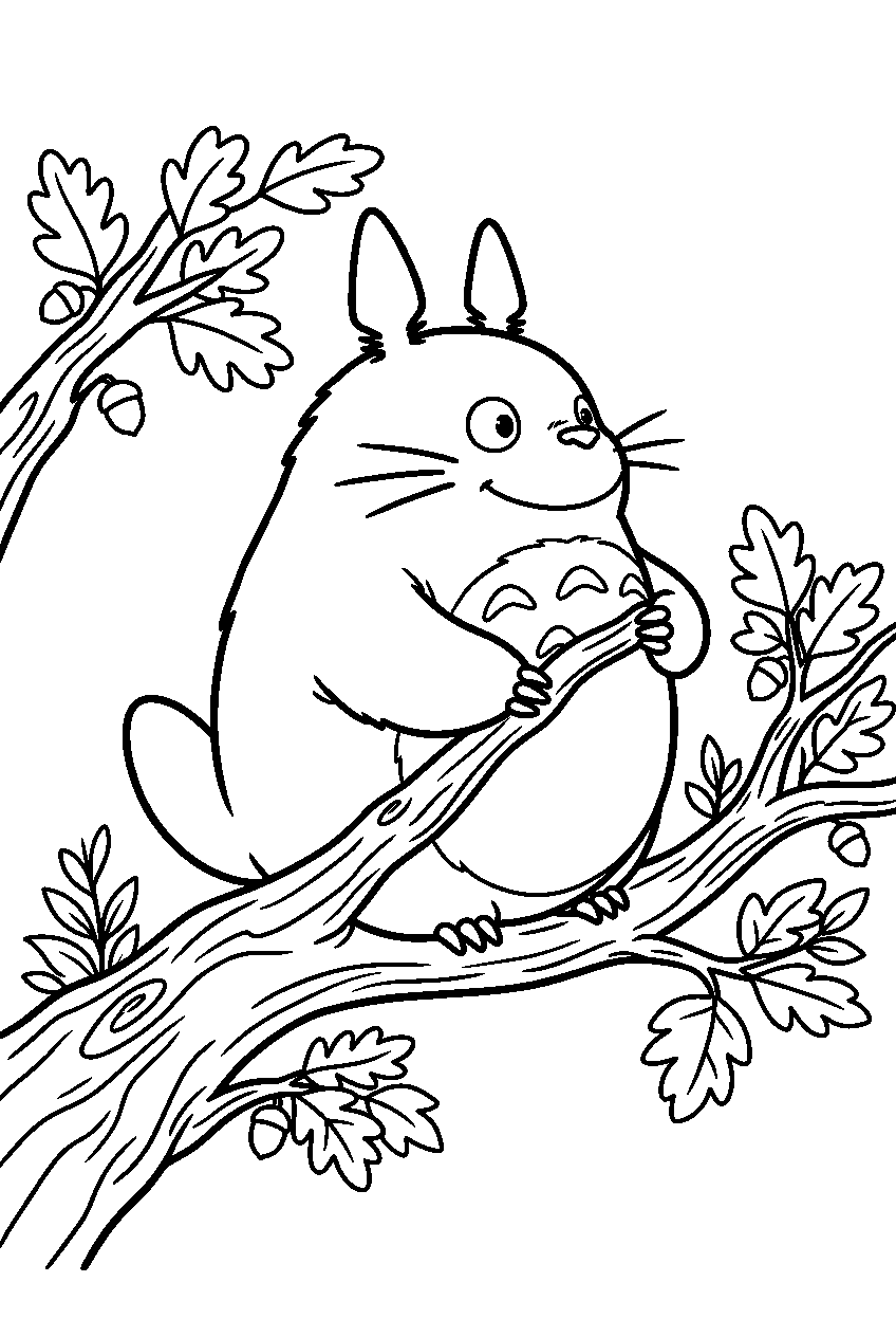 totoro looking around on tree branch line art