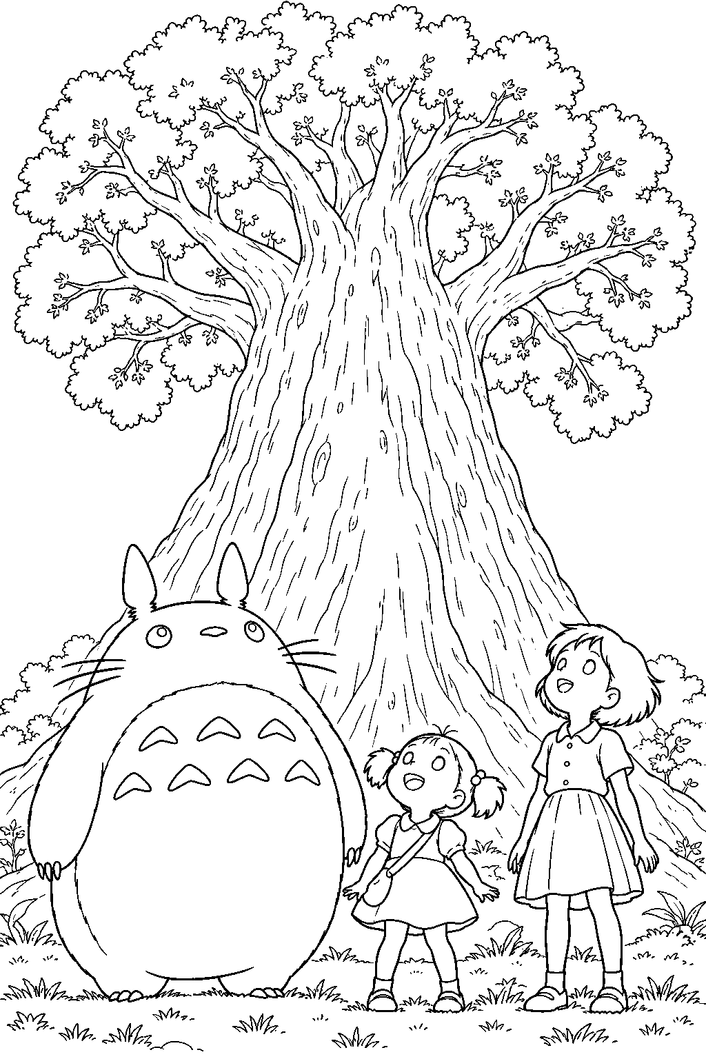 totoro mei and satsuki looking up at the giant tree grown from their seeds line art