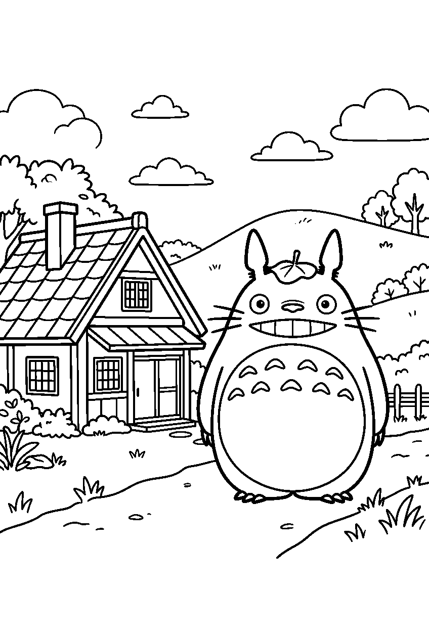 totoro near countryside house line art