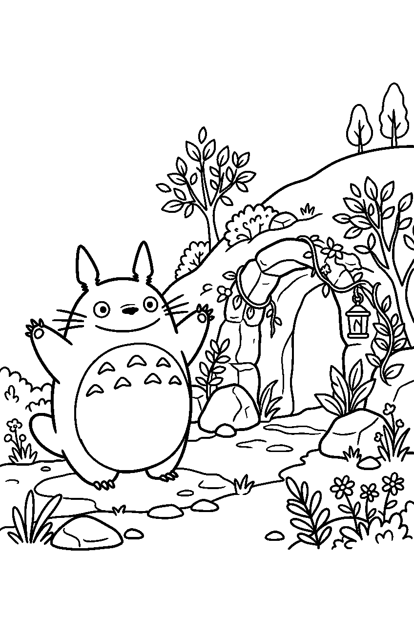totoro near hidden cave line art