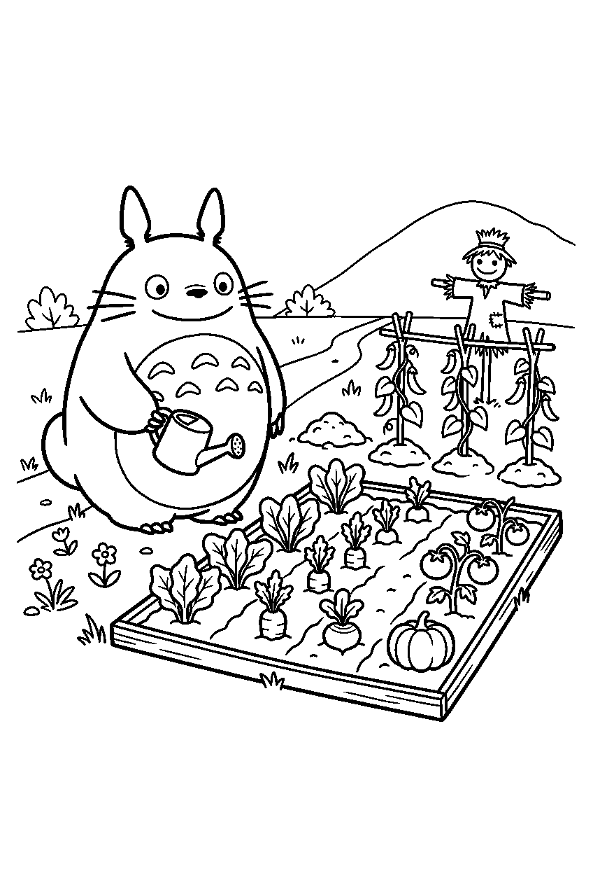totoro near vegetable garden line art