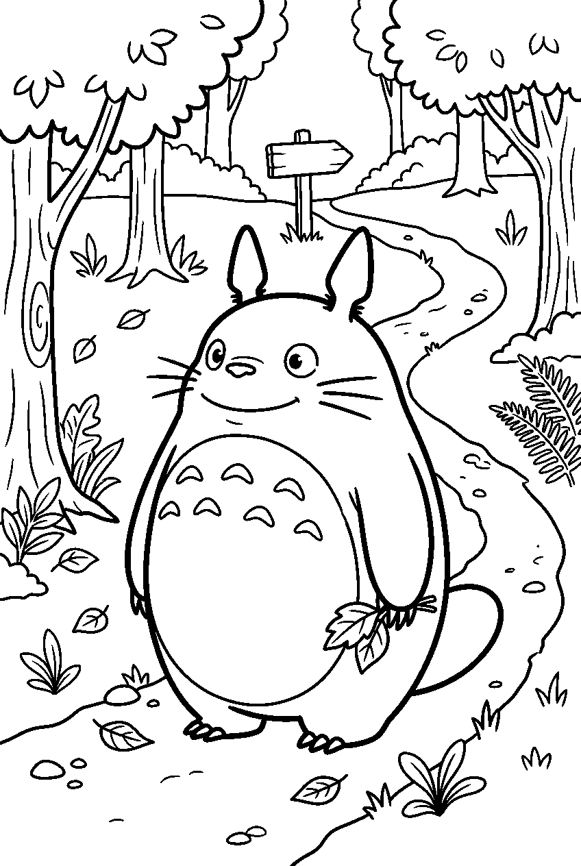 totoro observing in nature trail line art