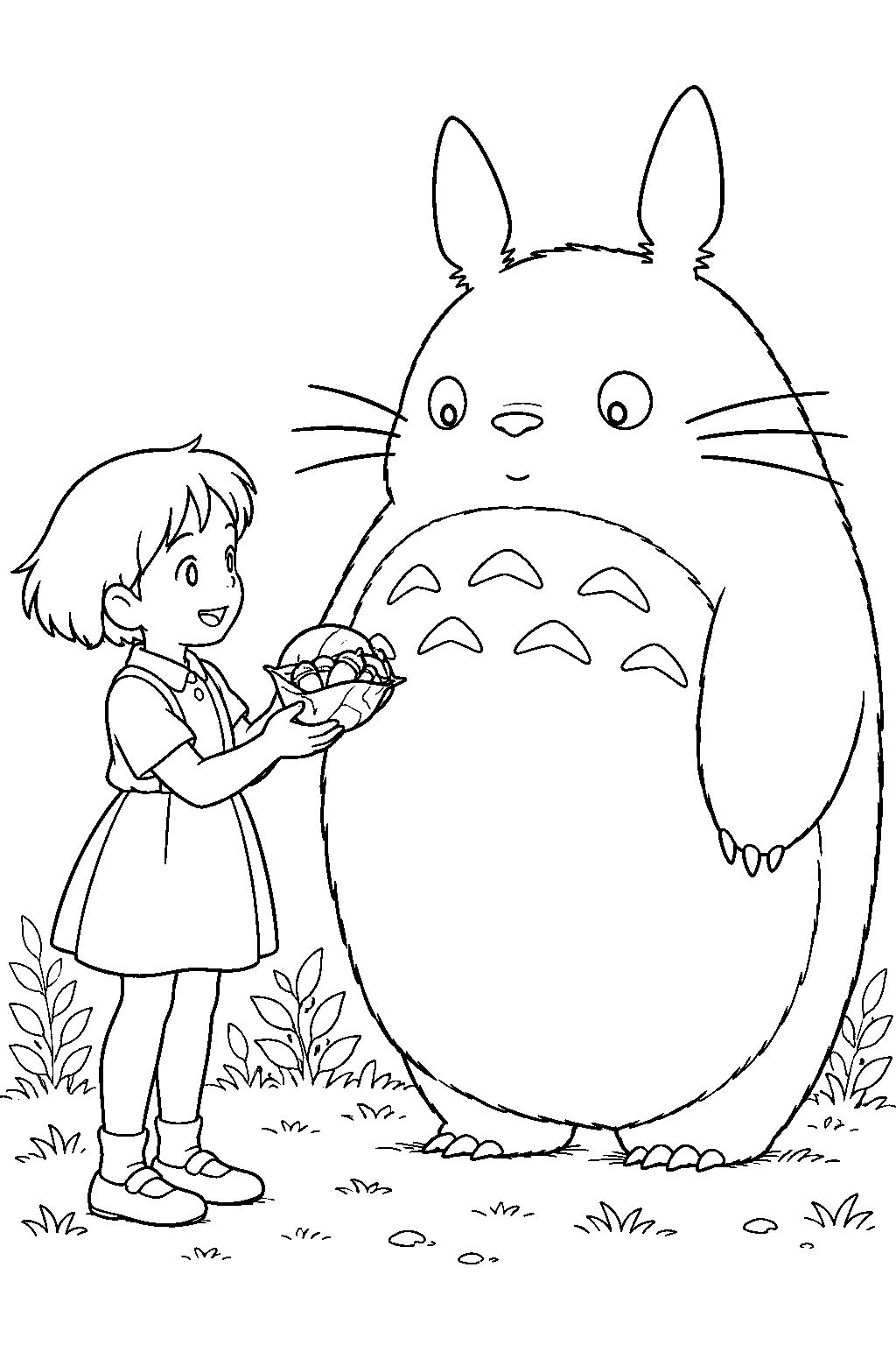 totoro offering satsuki a leaf wrapped packet of acorns and seeds line art