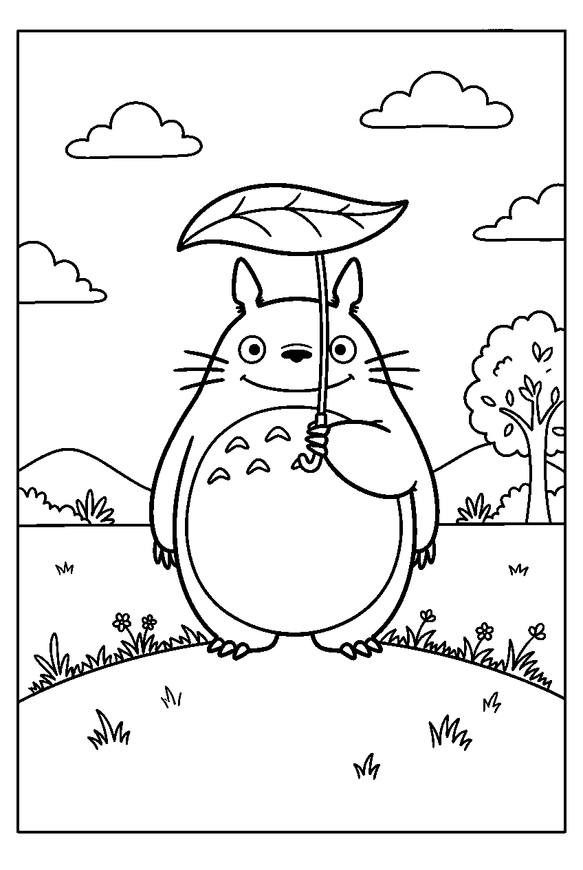 totoro on grassy hillside line art