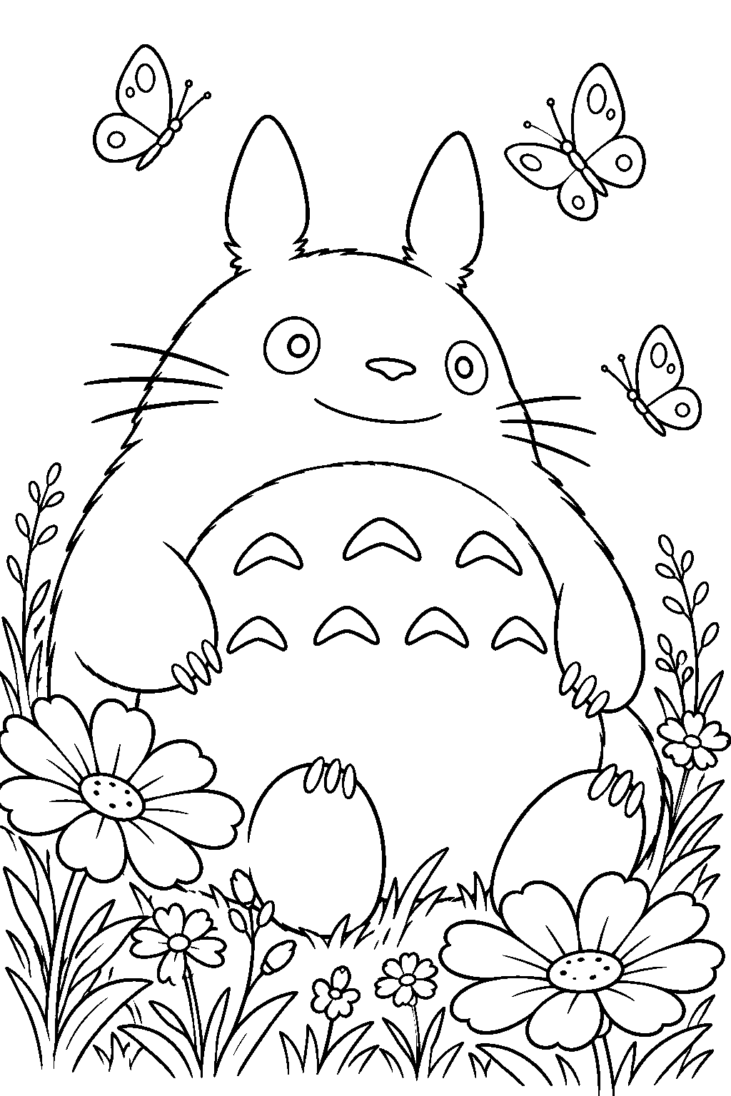 totoro relaxing in a wildflower meadow with butterflies fluttering around him line art