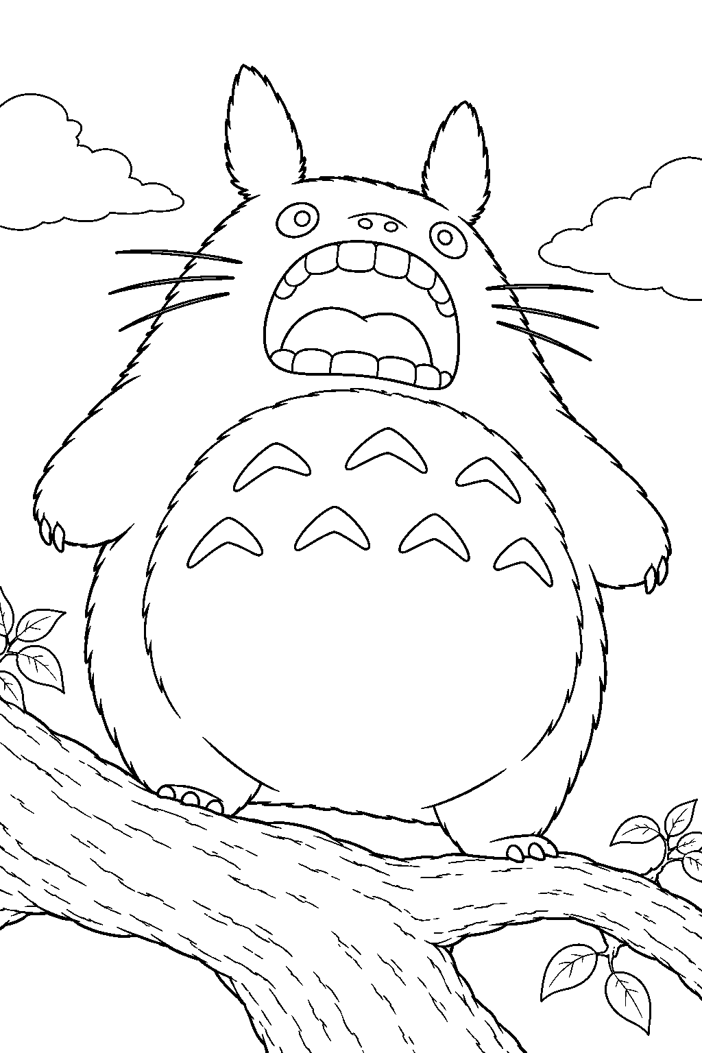 totoro roaring from the camphor treetop to summon catbus line art