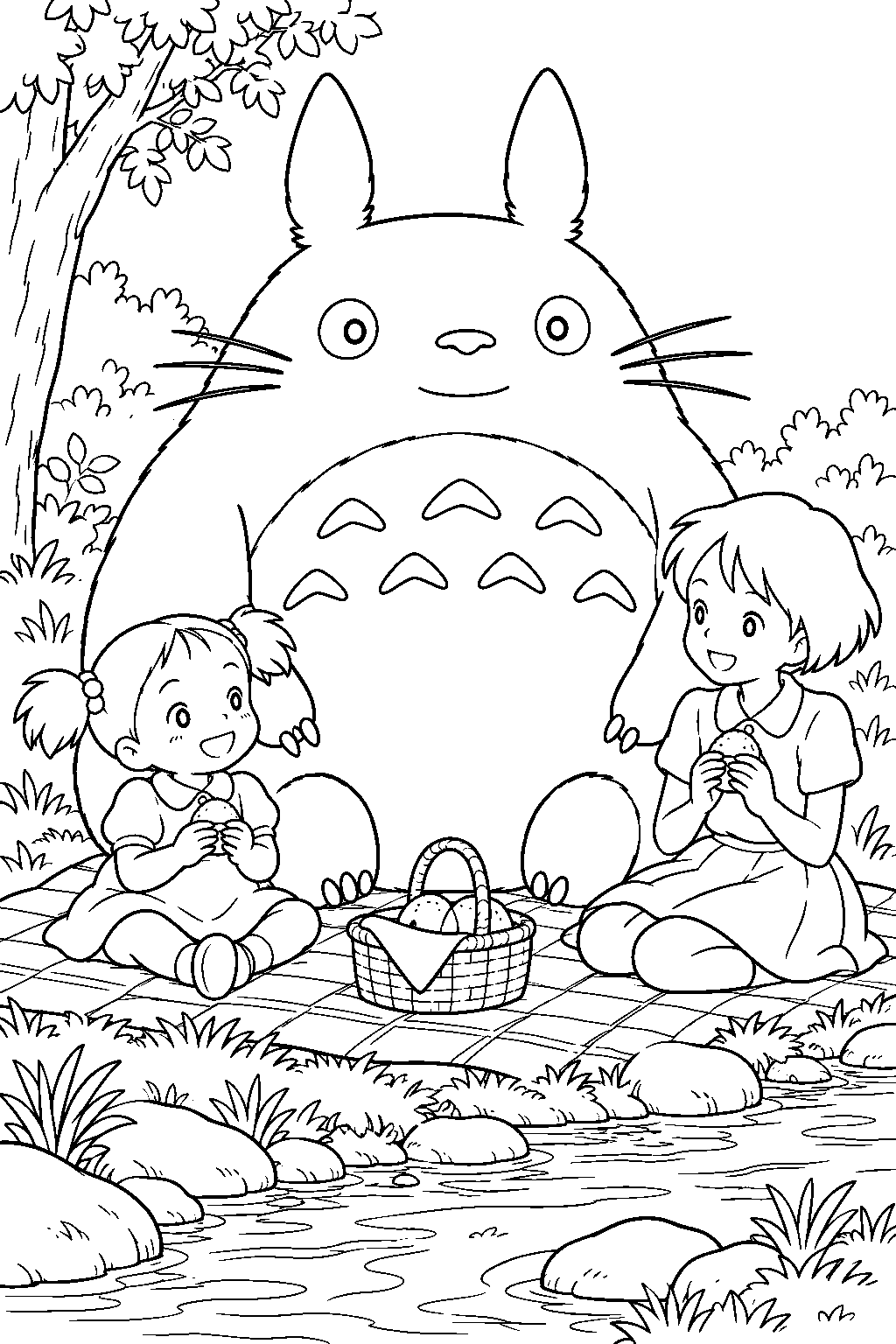 totoro sharing a forest picnic with mei and satsuki beside a stream line art