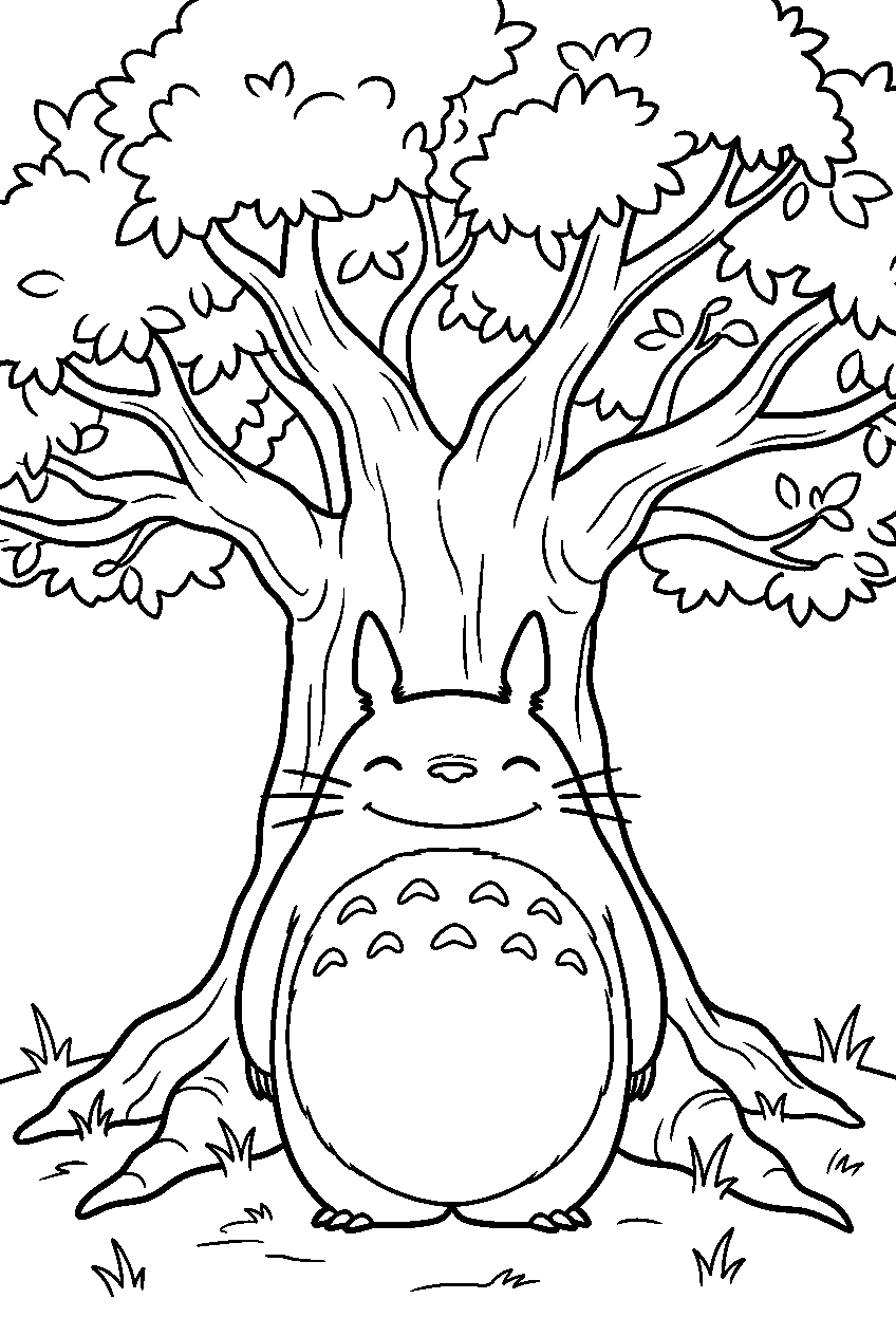 totoro standing calmly under giant tree line art