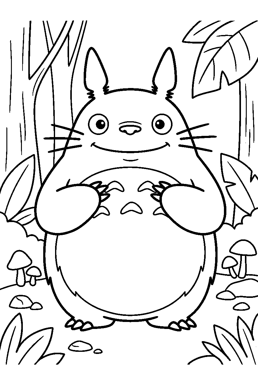 totoro standing confidently in forest clearing line art