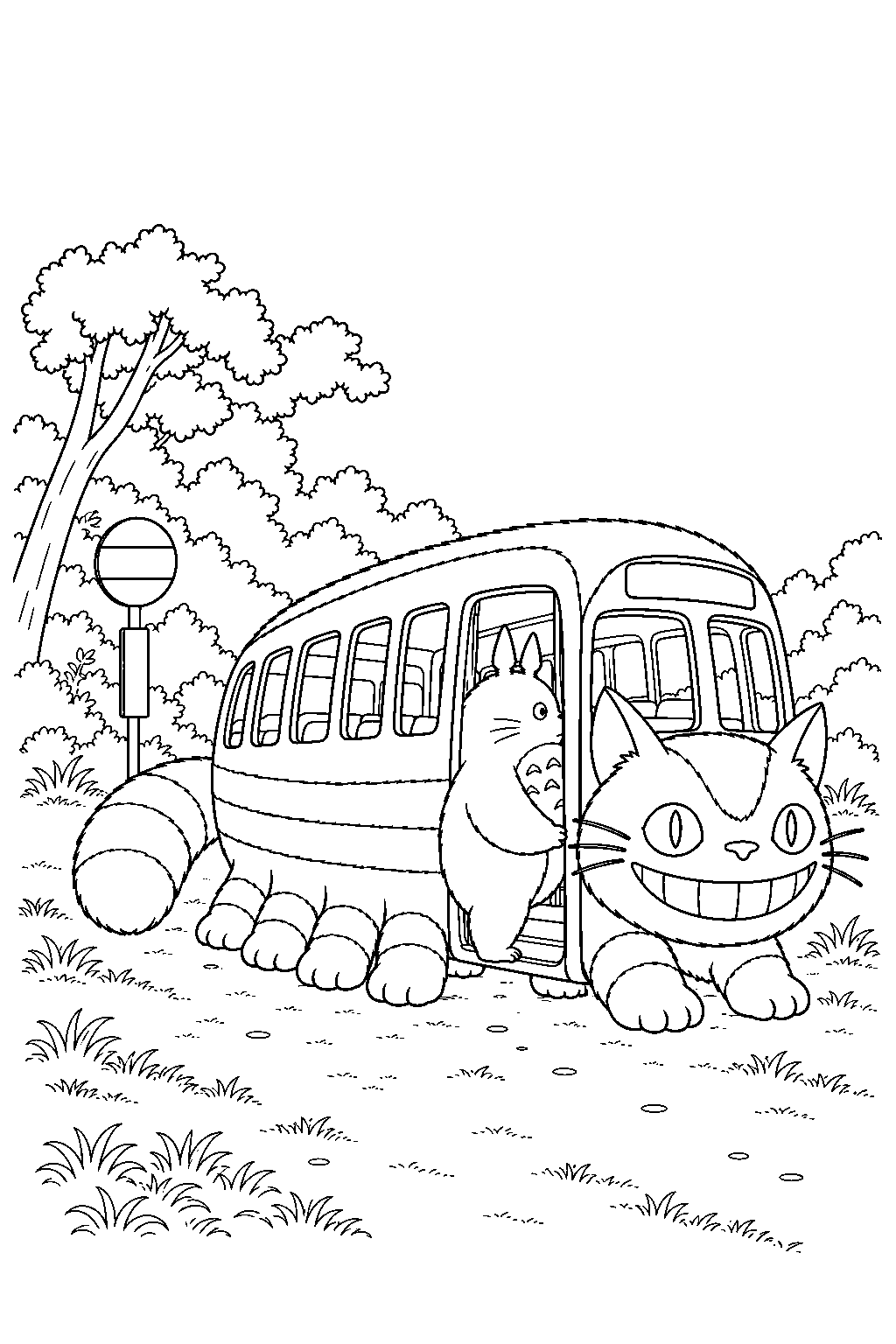 totoro stepping into catbus at the forest bus stop line art
