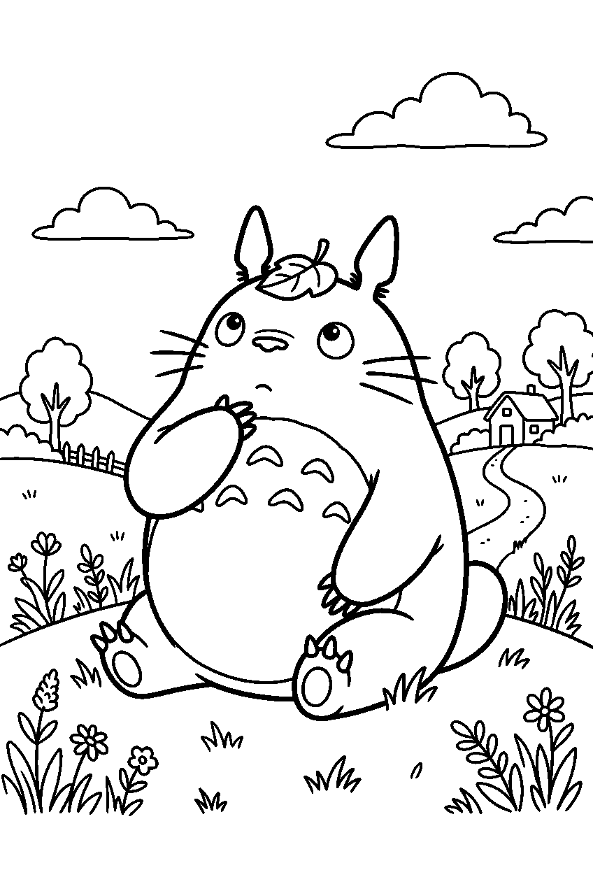 totoro thinking in countryside field line art