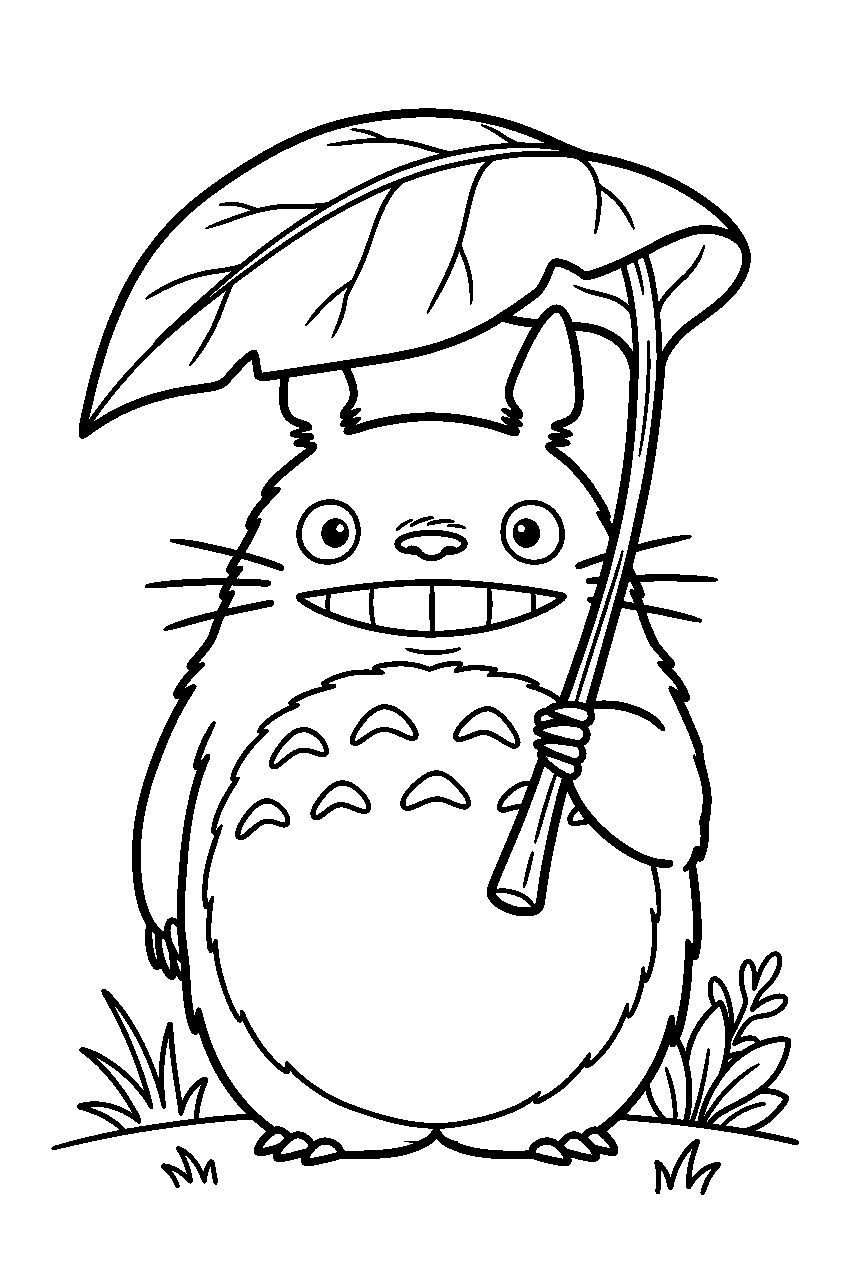 totoro under leaf umbrella line art