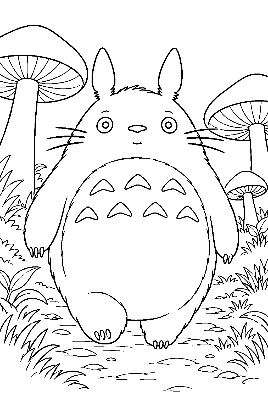 totoro walking along a woodland path between giant mushrooms line art
