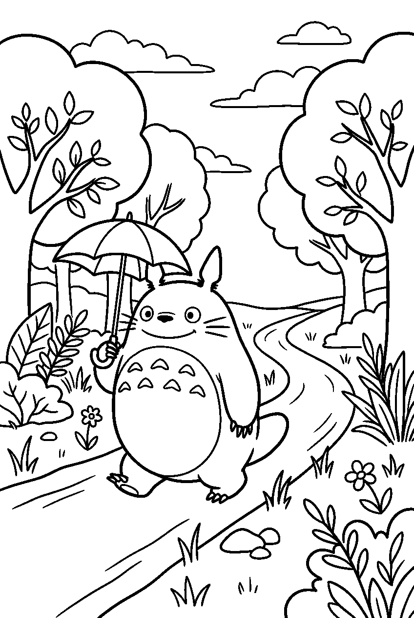 totoro walking in nature trail line art