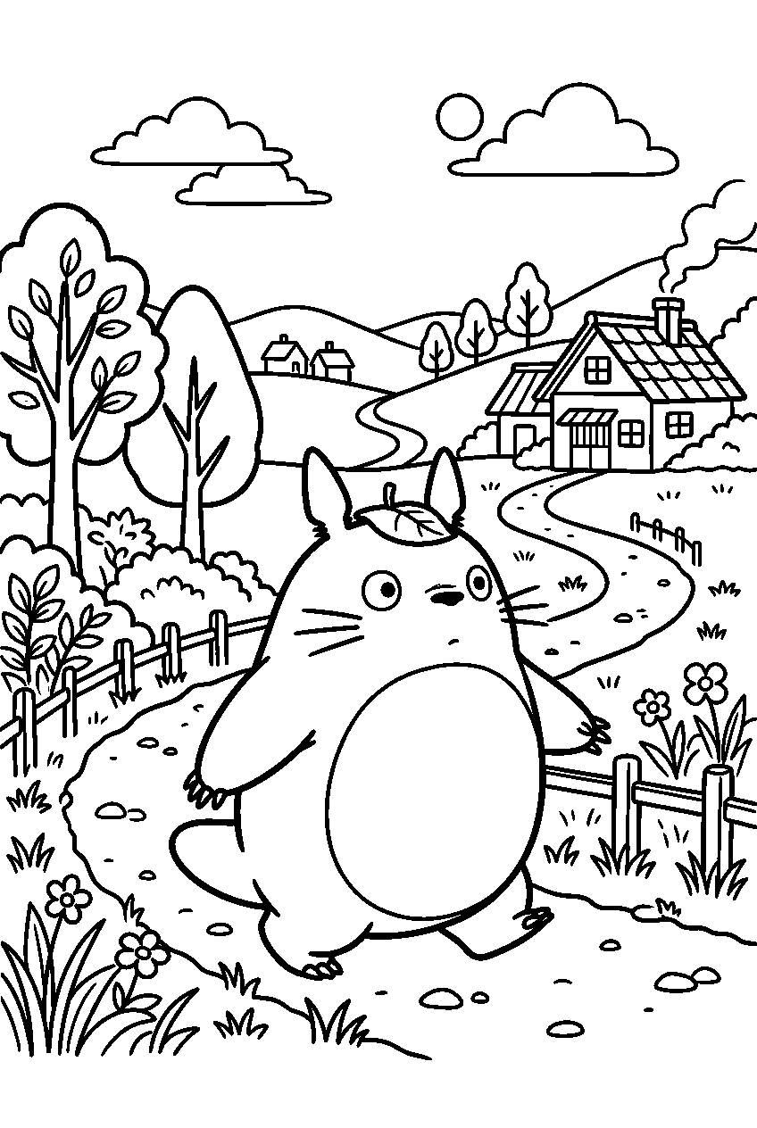 totoro walking slowly near village path line art
