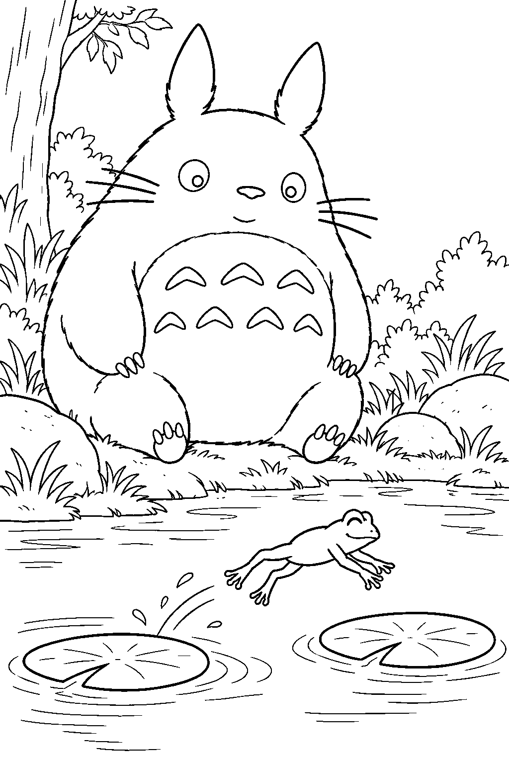 totoro watching a frog leap between lily pads in a woodland pond line art