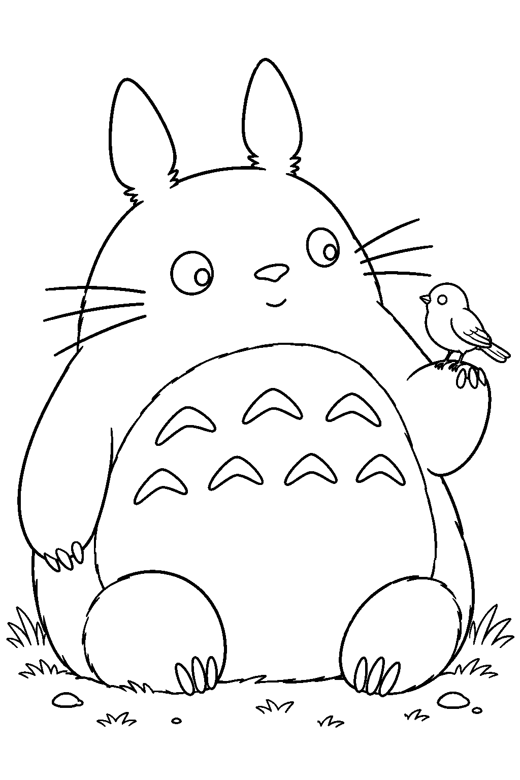 totoro watching a small songbird perched on his paw line art