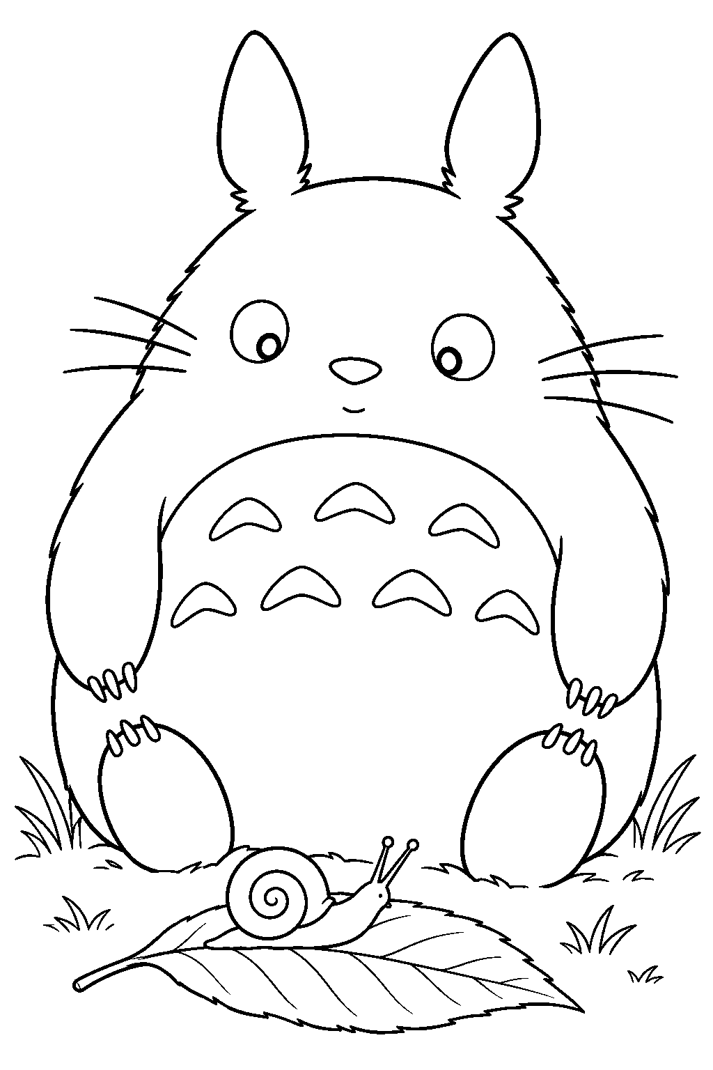totoro watching a snail crawl across a fallen leaf line art