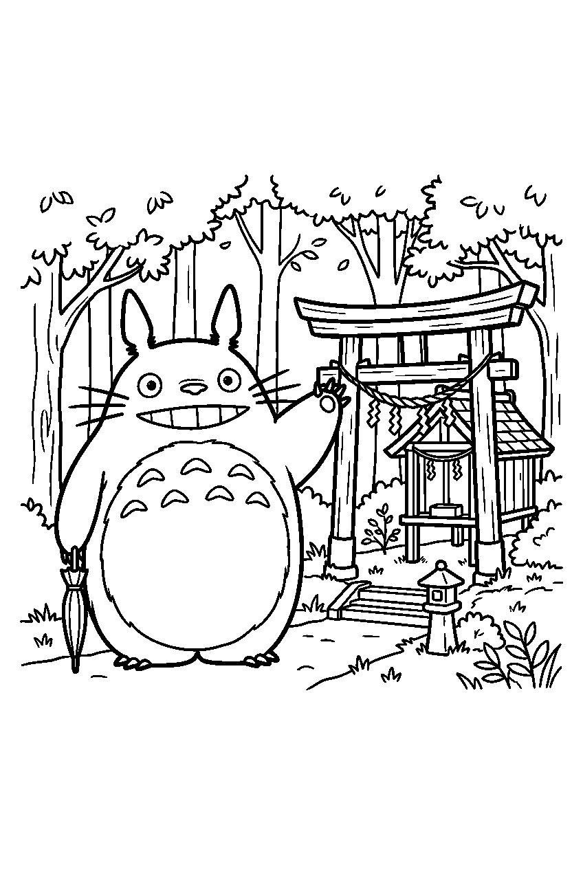 totoro waving near forest shrine line art