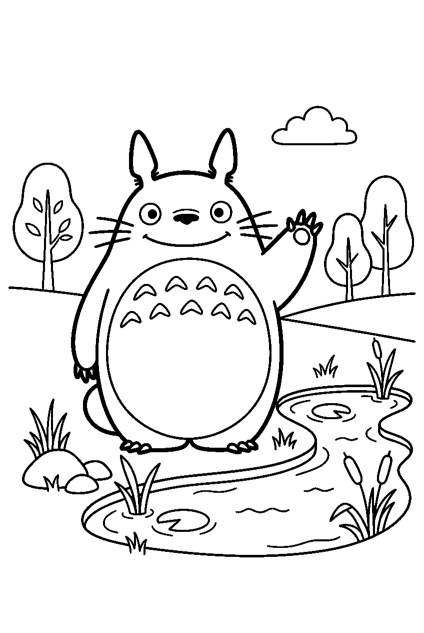totoro waving near small pond line art