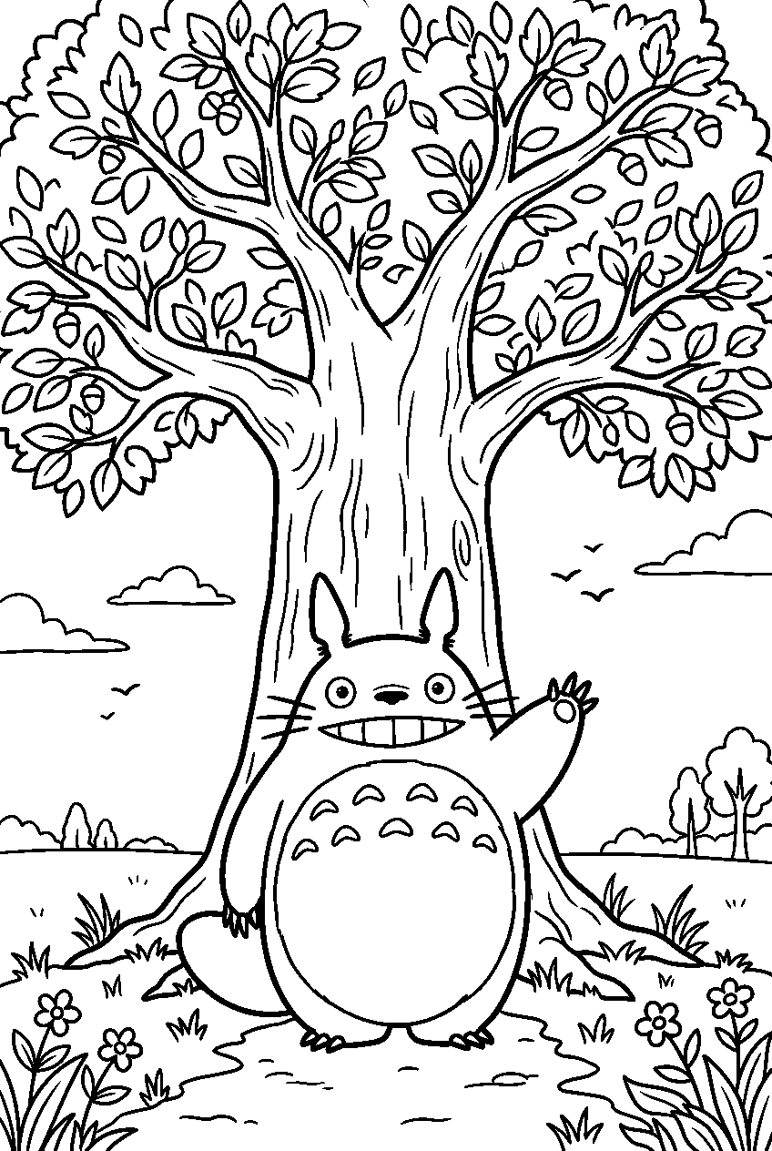 totoro waving under giant tree line art