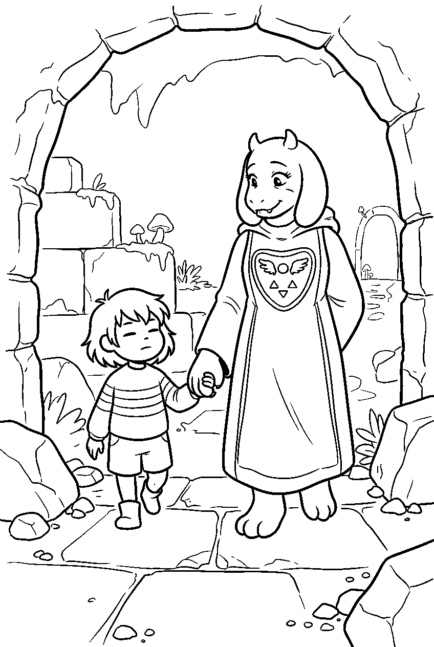 undertale frisk holding toriel s hand in the ruins line art