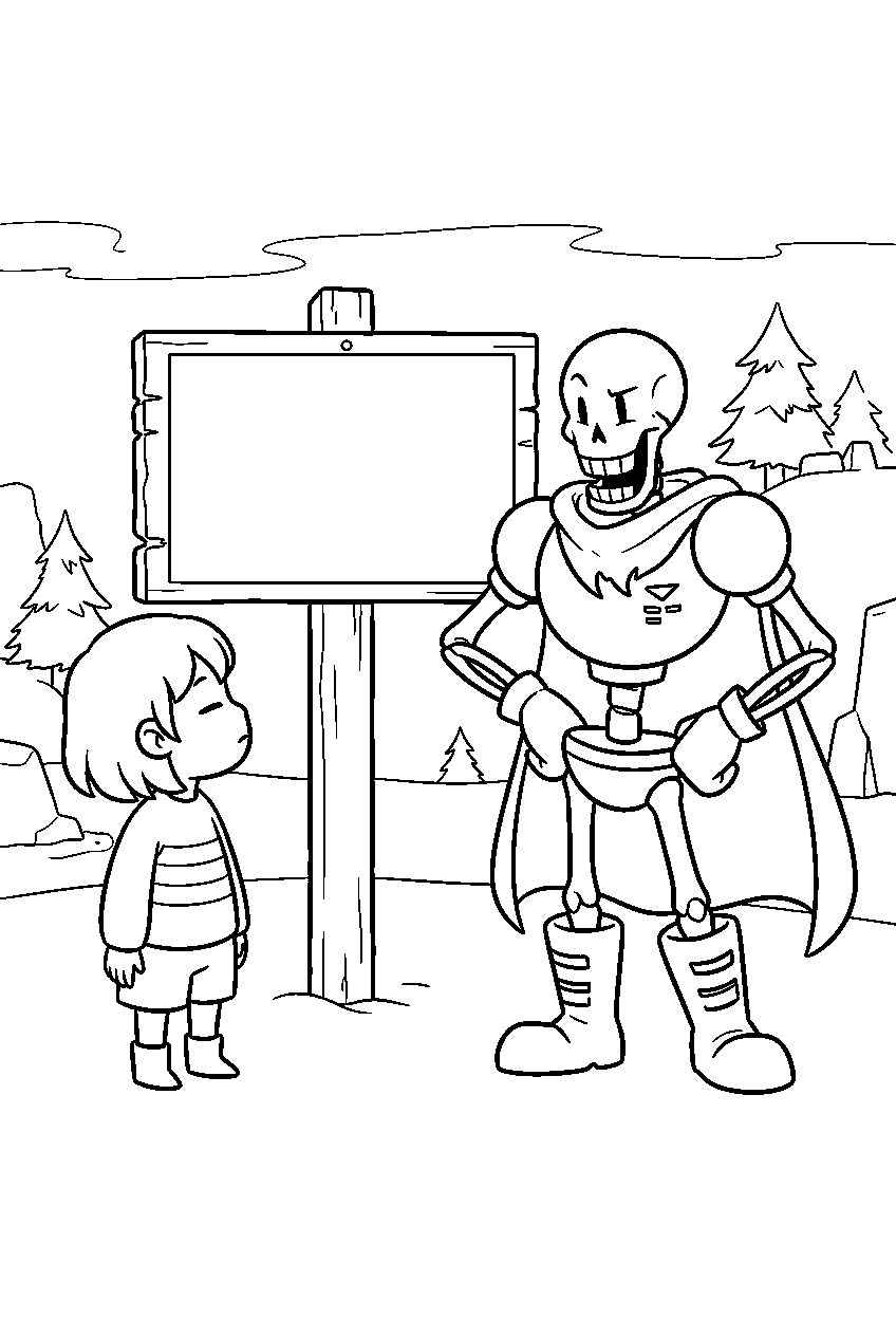 undertale frisk looking at a puzzle sign with papyrus line art