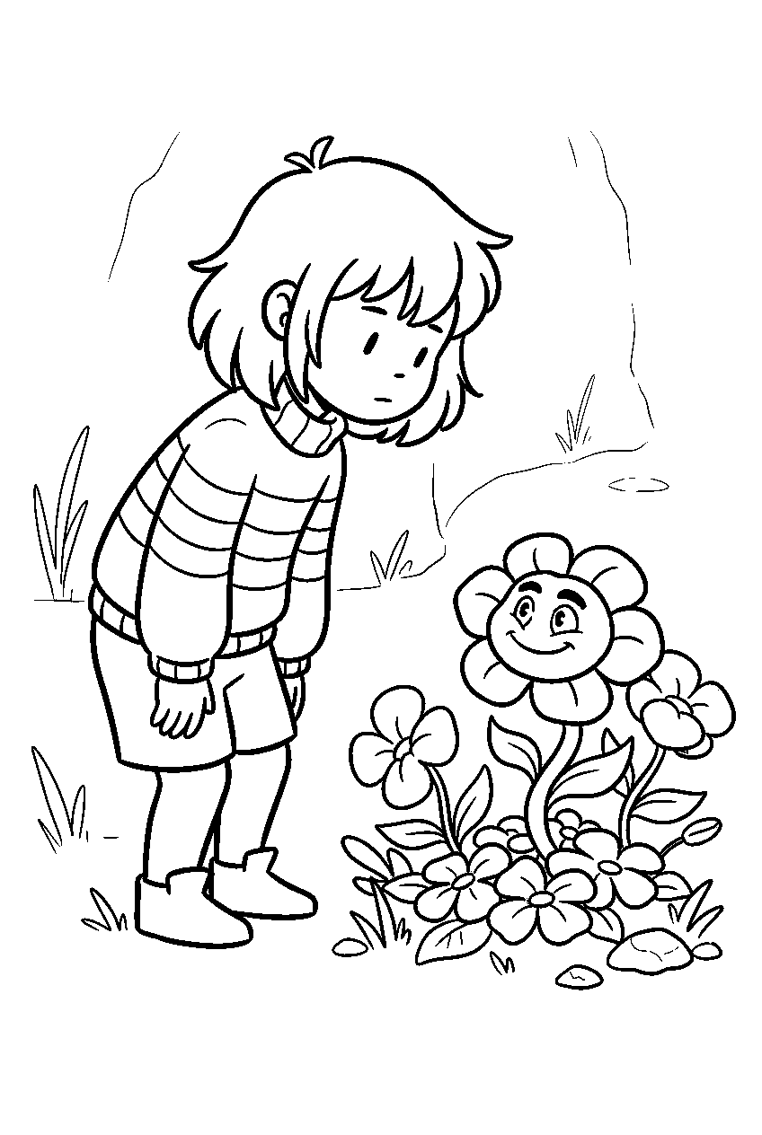 undertale frisk looking at flowey among golden flowers line art